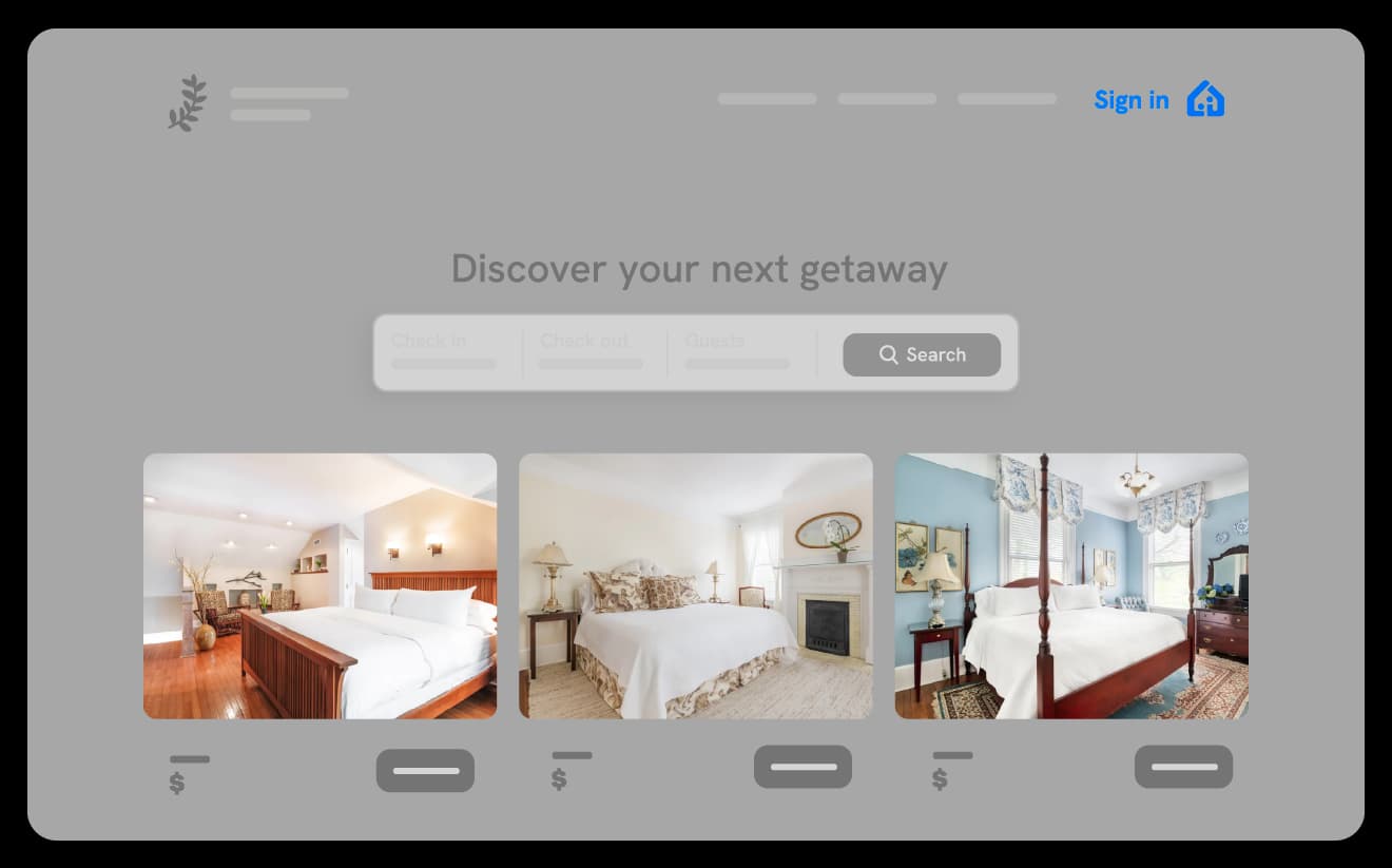 Hotel booking website mockup with search filters and room images labeled 'Discover your next getaway.'