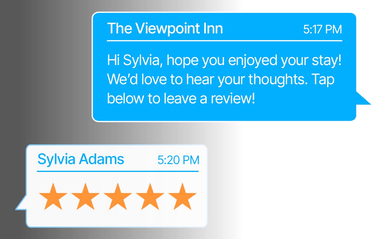 Text messages from The Viewpoint Inn asking for a review, with Sylvia Adams replying with a five-star rating.