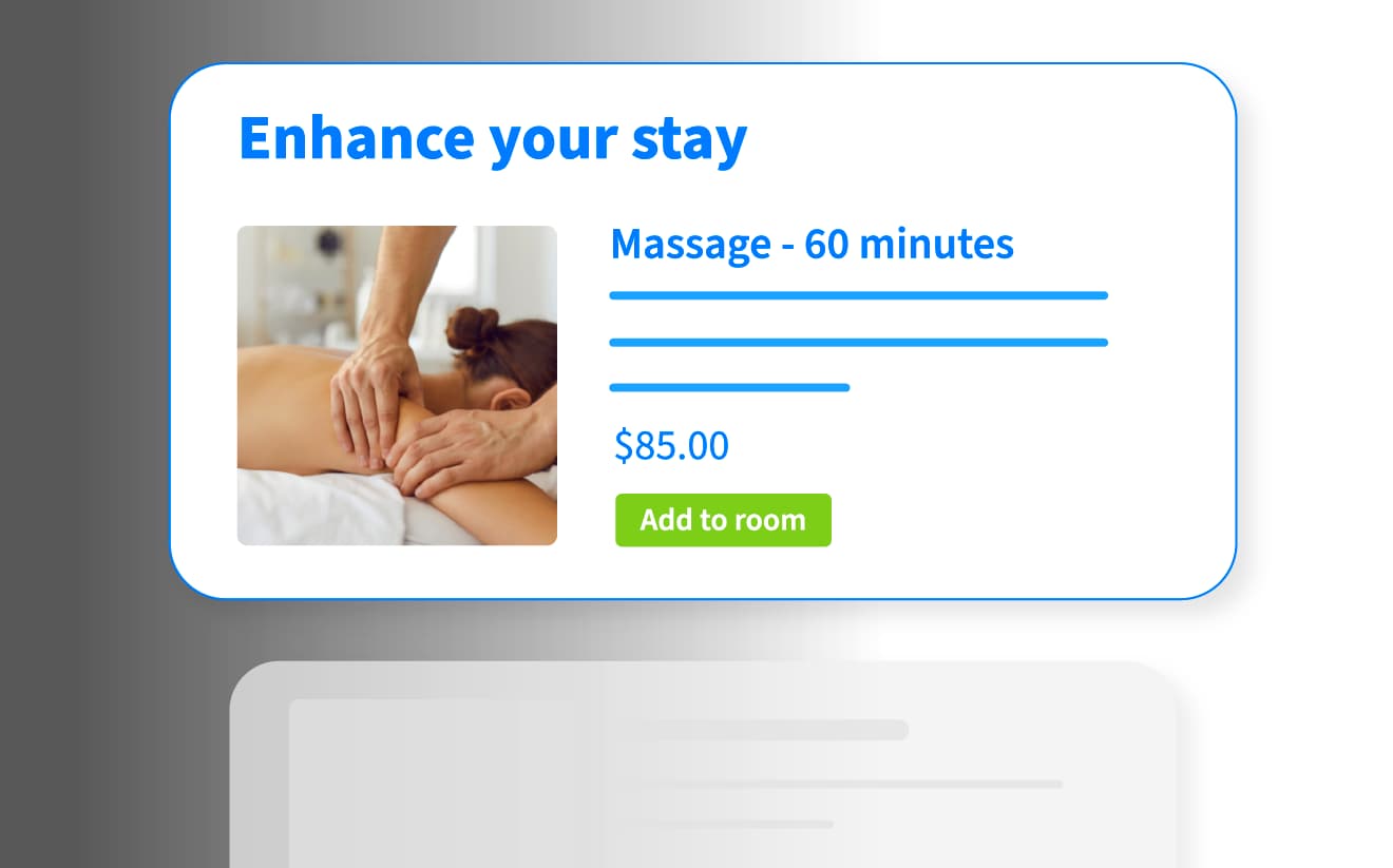 Upsell Portal illustration showing a promotional offer for a 60-minute massage priced at $85, with the option to “Add to room,” enhancing guest satisfaction and revenue.