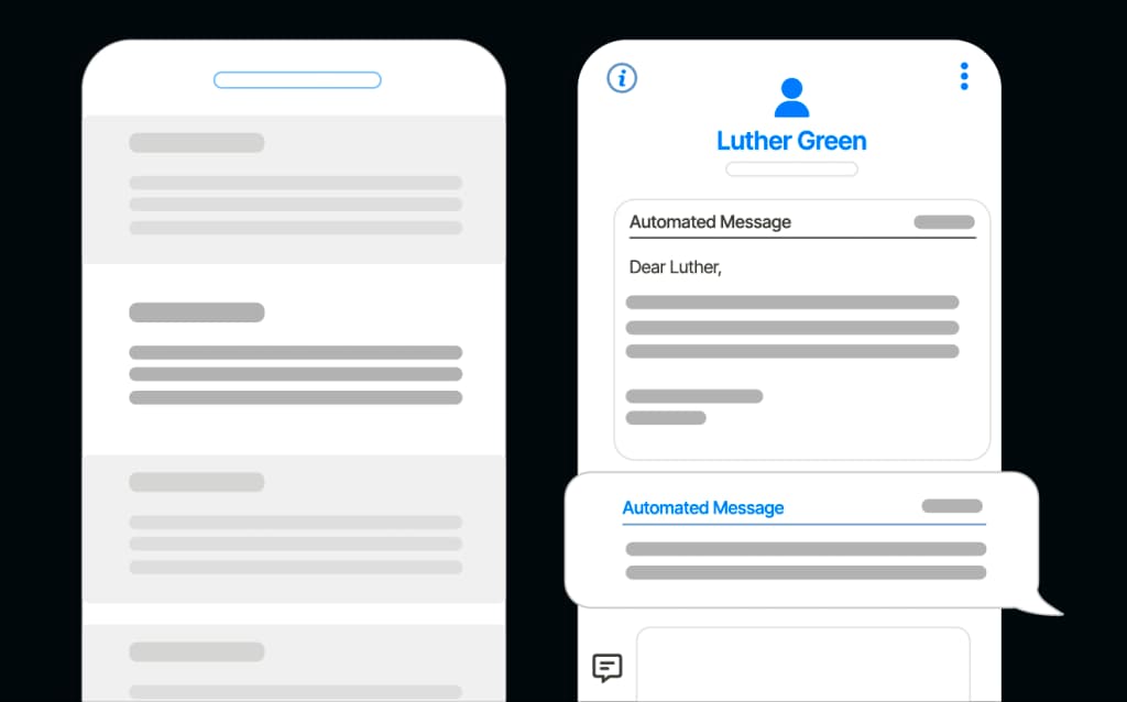 Image showing two phone screens: one displaying a message thread and the other an automated message for a user named Luther Green.