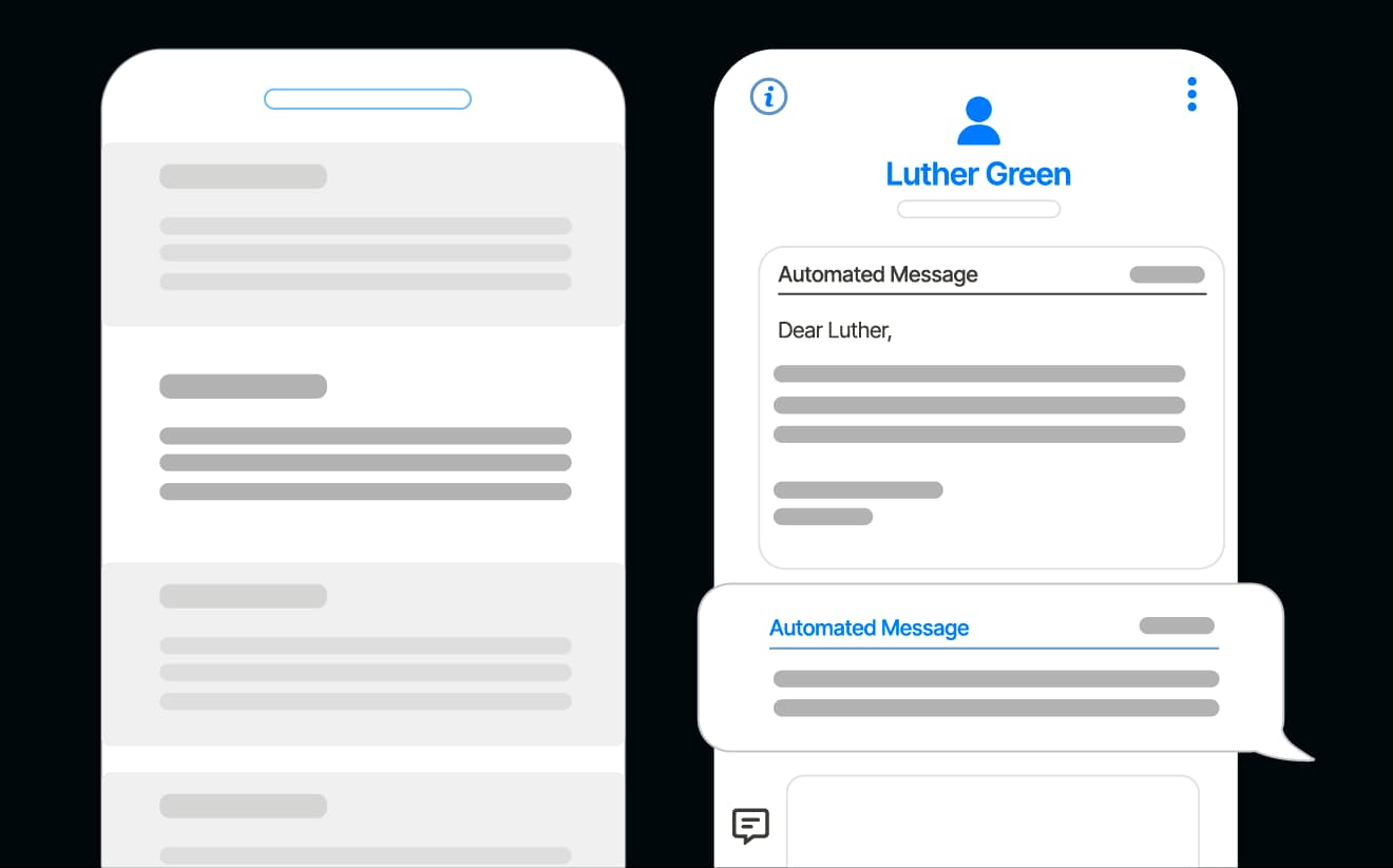Image showing two phone screens: one displaying a message thread and the other an automated message for a user named Luther Green.