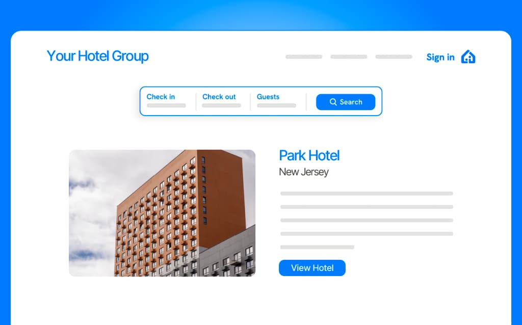 A website mockup showing the “Your Hotel Group” brand, allowing guests to explore and book across multiple locations, ensuring consistent visibility with featured properties like “Park Hotel.”