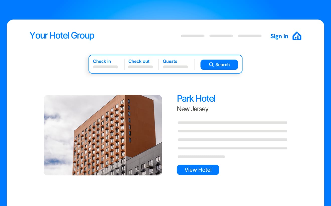 A website mockup showing the “Your Hotel Group” brand, allowing guests to explore and book across multiple locations, ensuring consistent visibility with featured properties like “Park Hotel.”