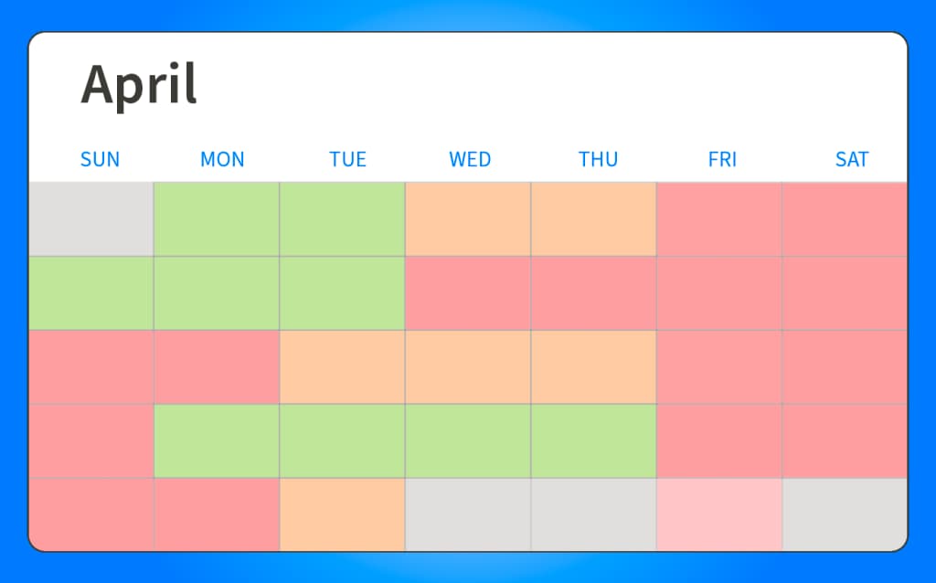 A calendar for April with color-coded days, indicating availability or booking status (green, orange, and red).