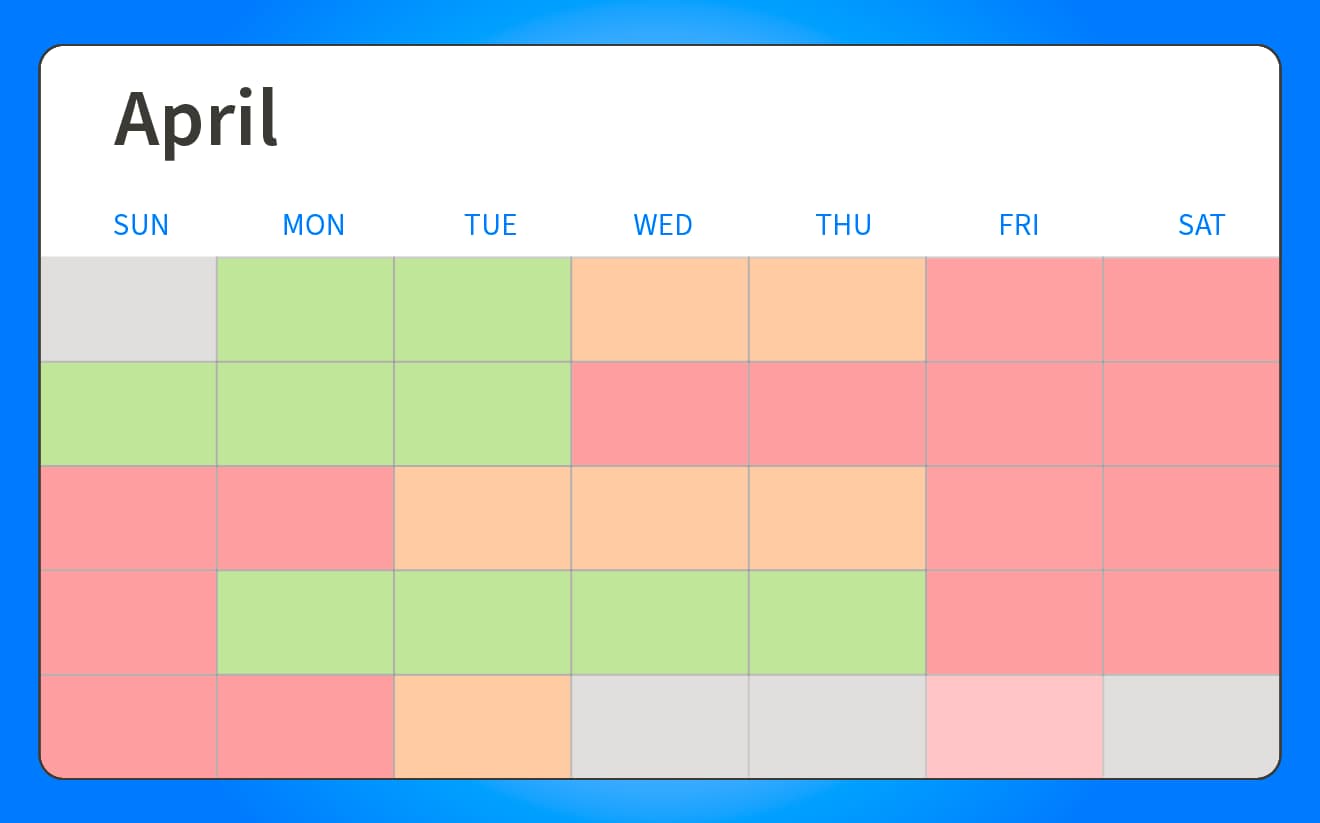 A calendar for April with color-coded days, indicating availability or booking status (green, orange, and red).