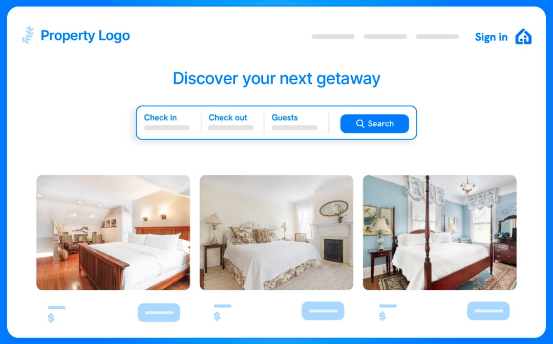 A website mockup for vacation rentals featuring a sleek, integrated booking engine with search filters and room images, designed to elevate the property’s online presence.
