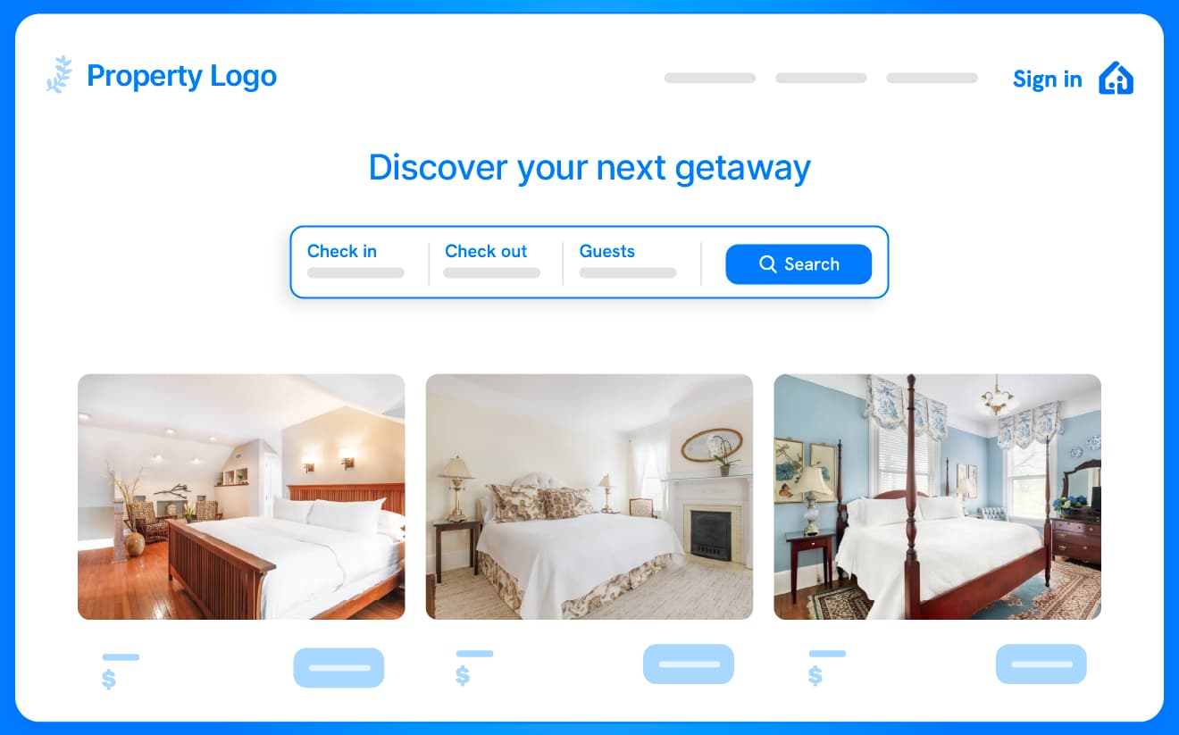 A website mockup for vacation rentals featuring a sleek, integrated booking engine with search filters and room images, designed to elevate the property’s online presence.