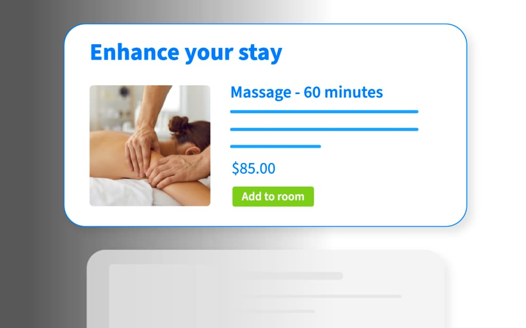 A promotional offer for a 60-minute massage for $85.00 with the option to “Add to room.”