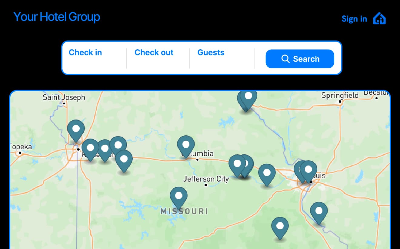 Map showing the locations of multiple properties within a hotel group, with search filters for check-in, check-out, and guests.