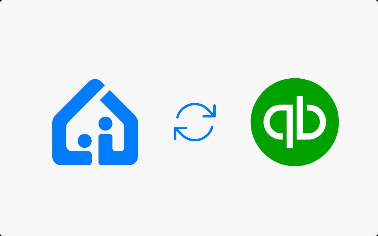 Icons representing the integration between a property management system (PMS) and QuickBooks for accounting.
