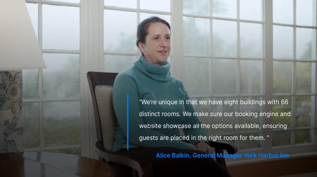 Smiling man sitting on a bench outside an inn, with a testimonial about using ThinkReservations displayed.