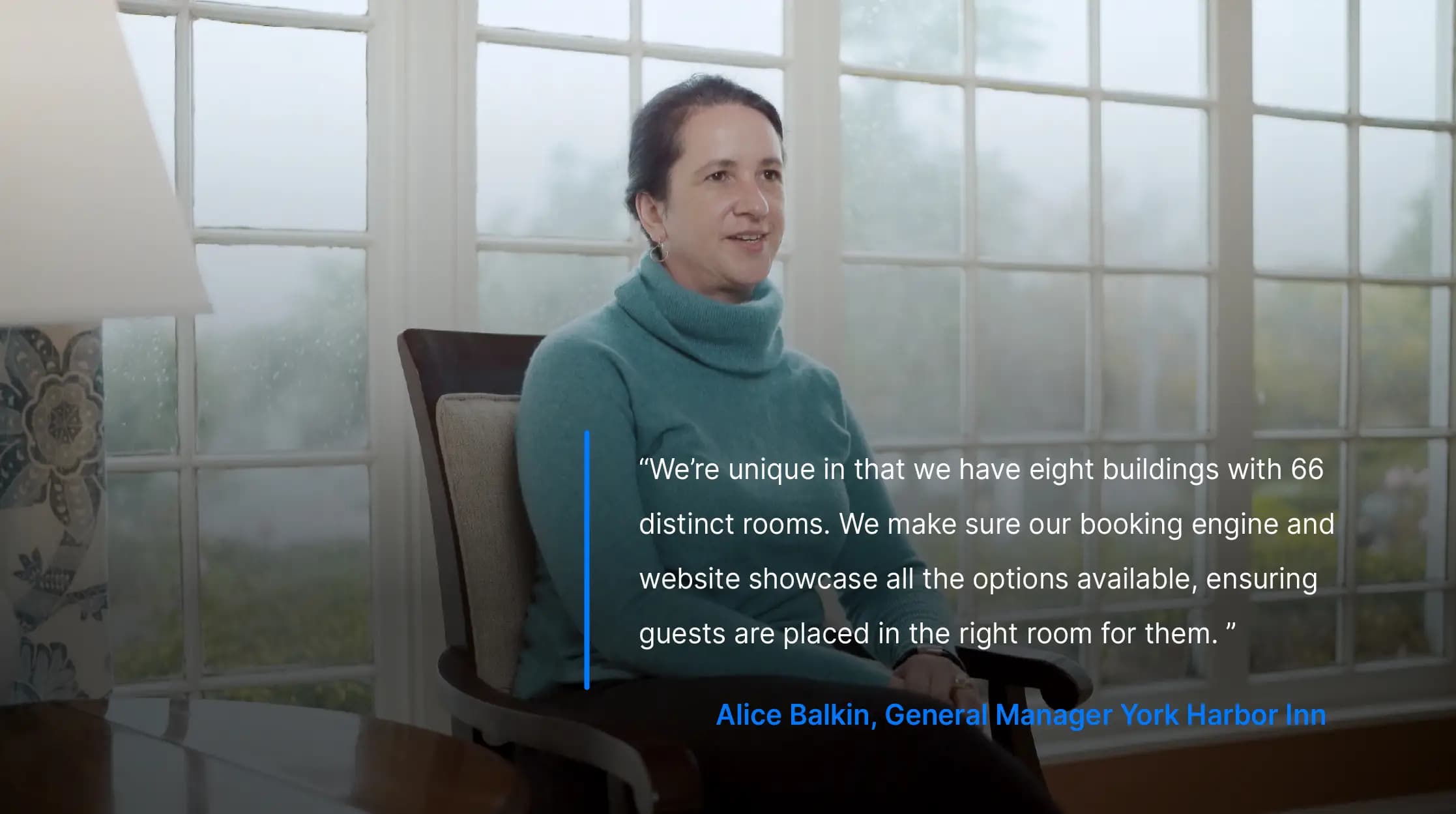 Smiling man sitting on a bench outside an inn, with a testimonial about using ThinkReservations displayed.