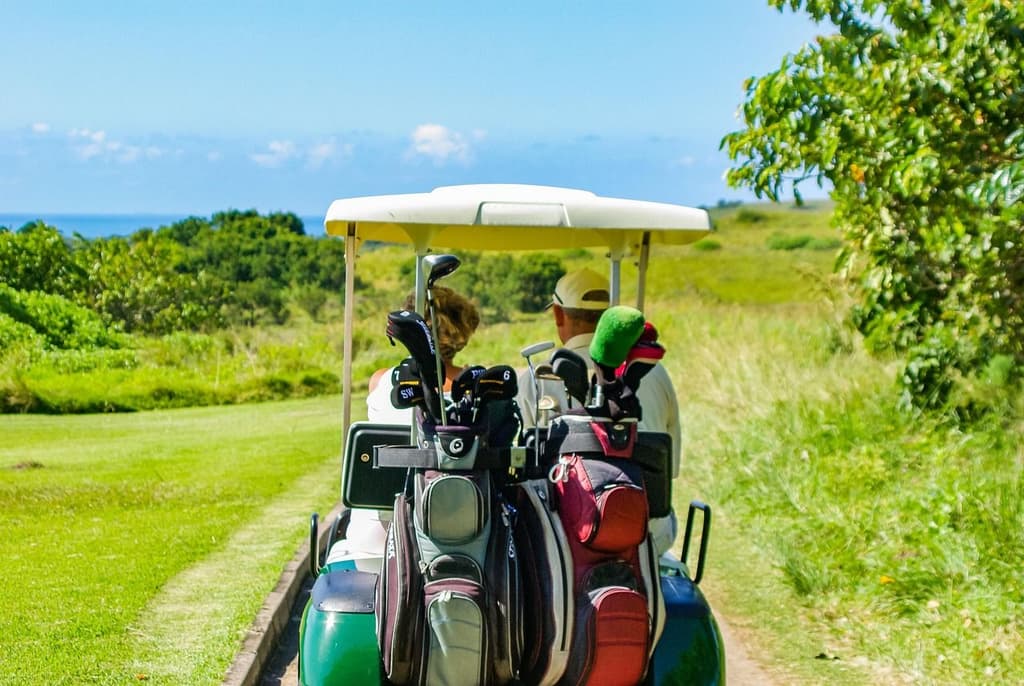 Golf cart couple making the rounds through a cart