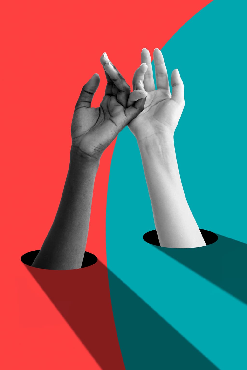 The representation of two hands coming out of separate holes trying to link up