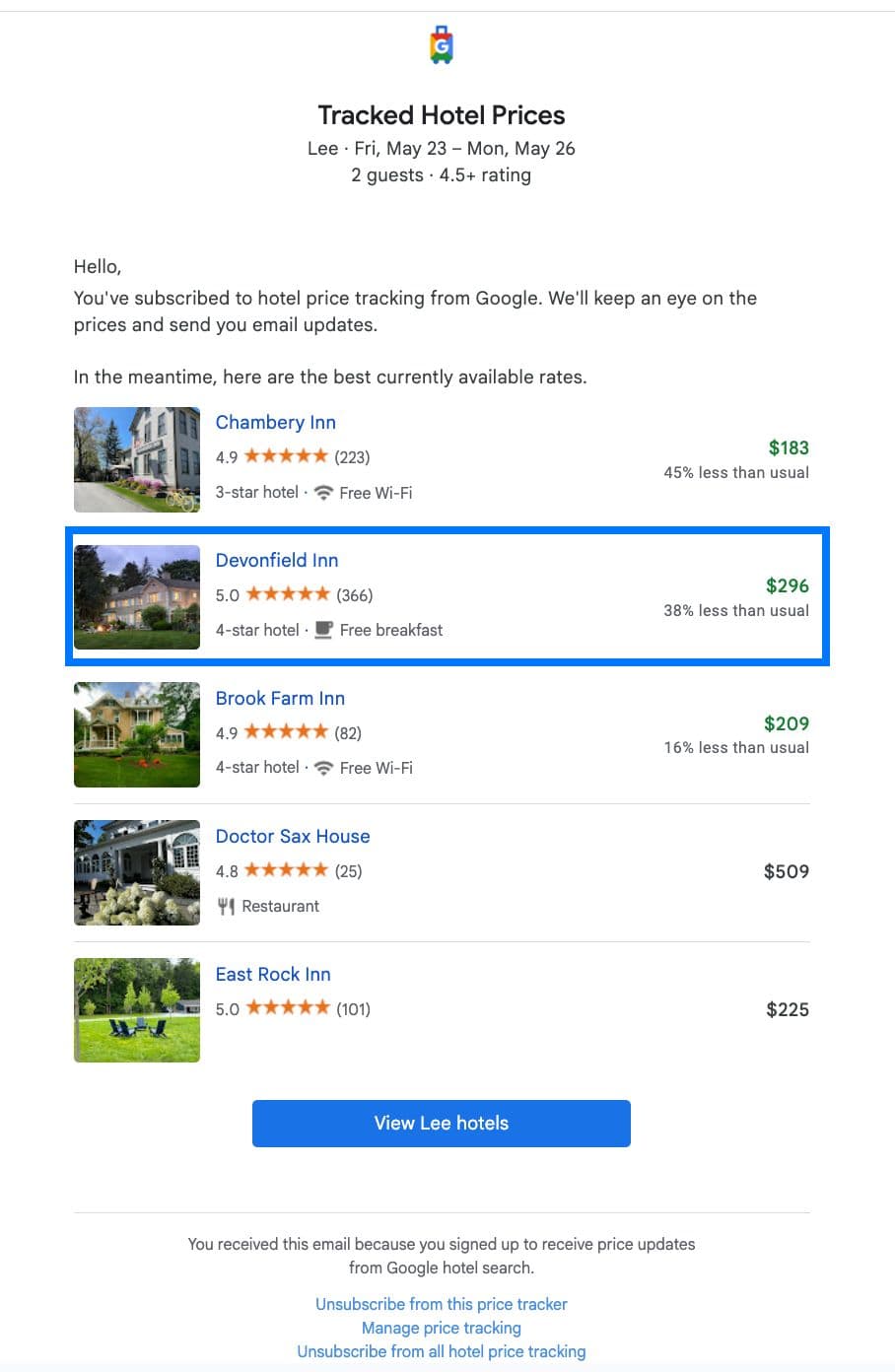 Example of the pricing tracker in Google Hotels for Lee, MA