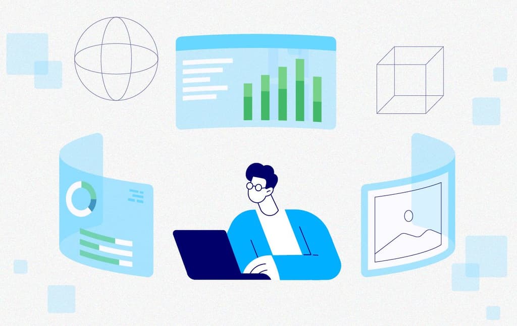 An illustration of a ,ale professional with his computer while optimizing his property's online presence.
