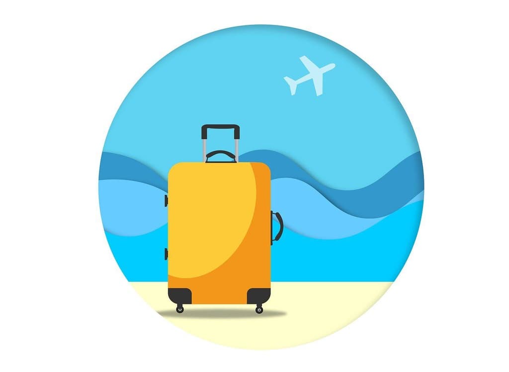 Illustration of a yellow suitcase against a blue ocean background with an image of a silhouette of an airplane. Image by Alexandra Koch from Pixabay