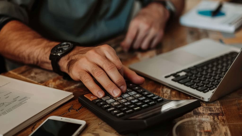A general manager checks revenue projections with the help of his computer and a calculator