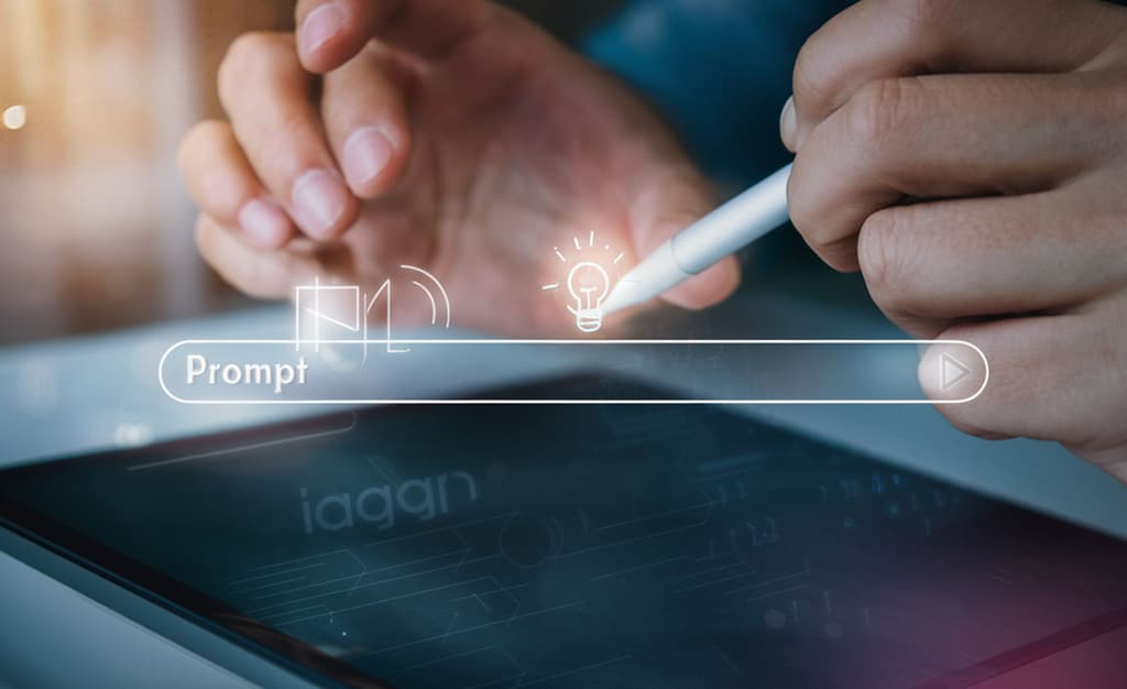 A person using a stylus to write a prompt in a tablet with a visual representation of that process.