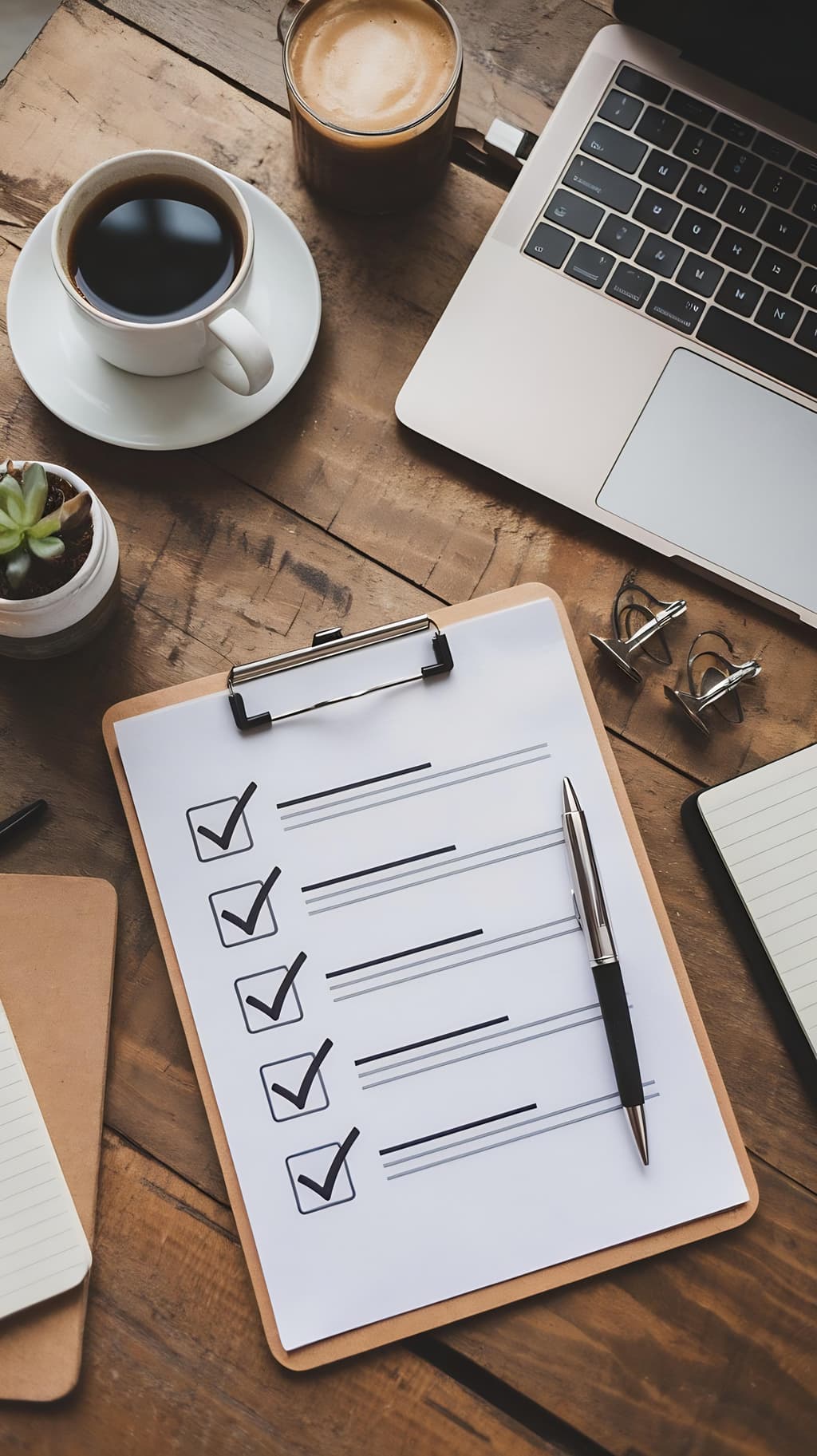 Depiction of a clipboard holding a checklist next to a computer and a cup of coffee and chocolate
