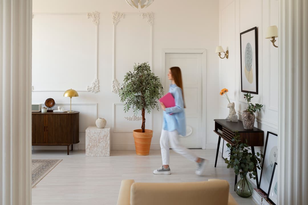 A female guest walks in a boutique hotel common area while holding a pink laptop