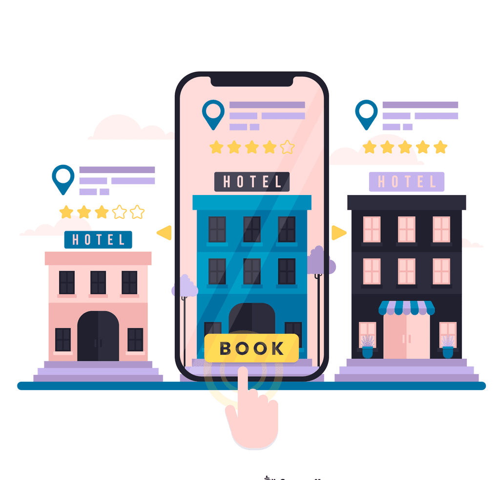 A representation of a traveler choosing a hotel from its mobile site
