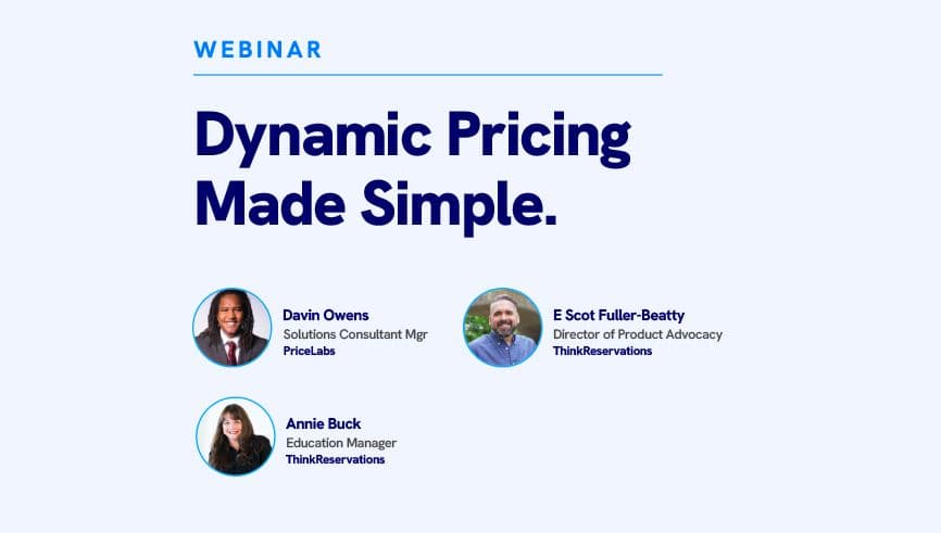 PriceLabs and ThinkReservations logo with a text that says "Dynamic Pricing Made Simple" and picture of host and speakers