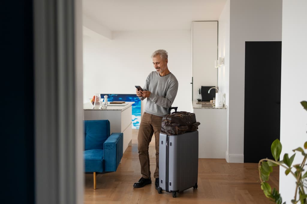 A traveler used his mobile phone while he is getting ready with his luggage to leave his home