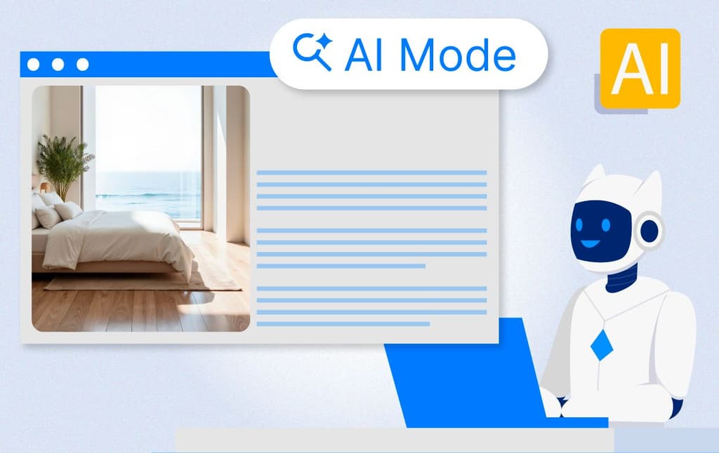 Illustration of a robot AI in front of a laptop displaying a hotel page