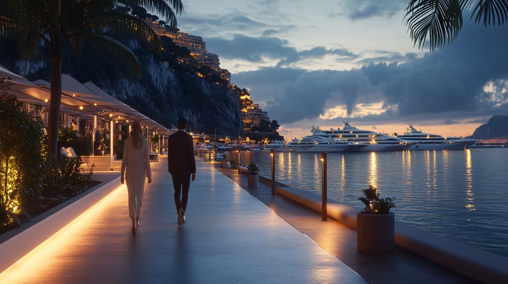 A couple walks in a promenade next to a seaside port with luxury yachts and well lit fine dining establishments