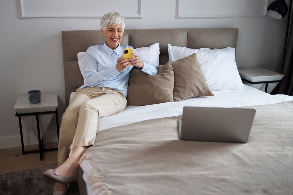 A woman sits in her hotel bed using her phone with her laptop in her bed