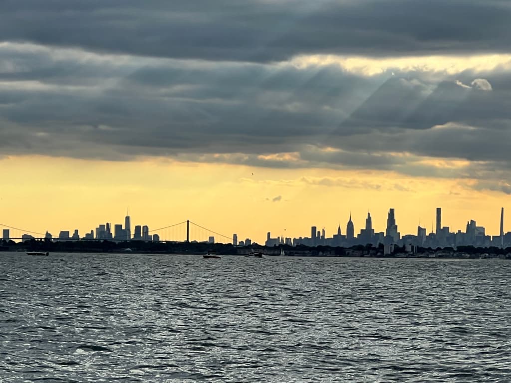View of the Manhattan skyline from Port Washington in front of Fathoms