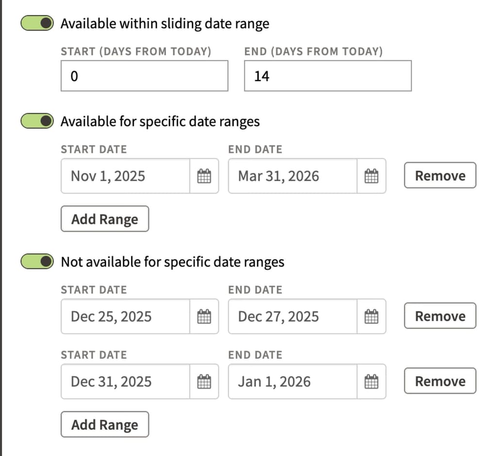 The new rate type date filters