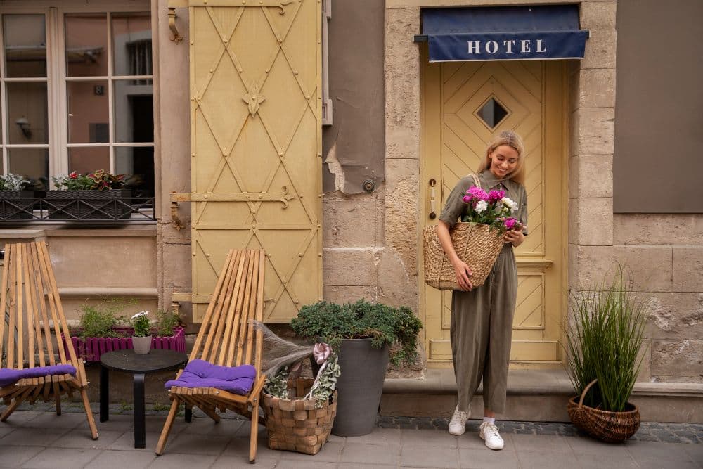 woman stepping out of a boutique hotel