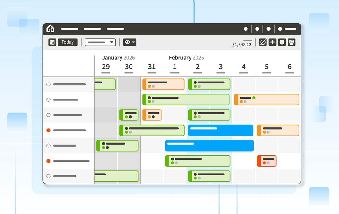 A UI illustration of a property management system (PMS) featuring a horizontal booking calendar with color-coded schedules and revenue data