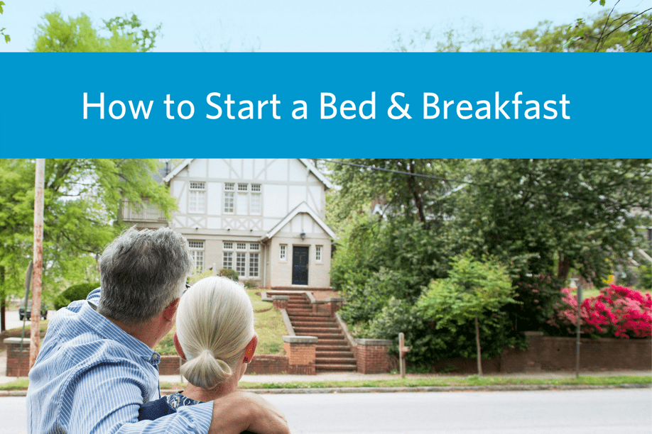 a couple standing together looking at a house from across the street with article title How to Start a Bed & Breakfast overlay