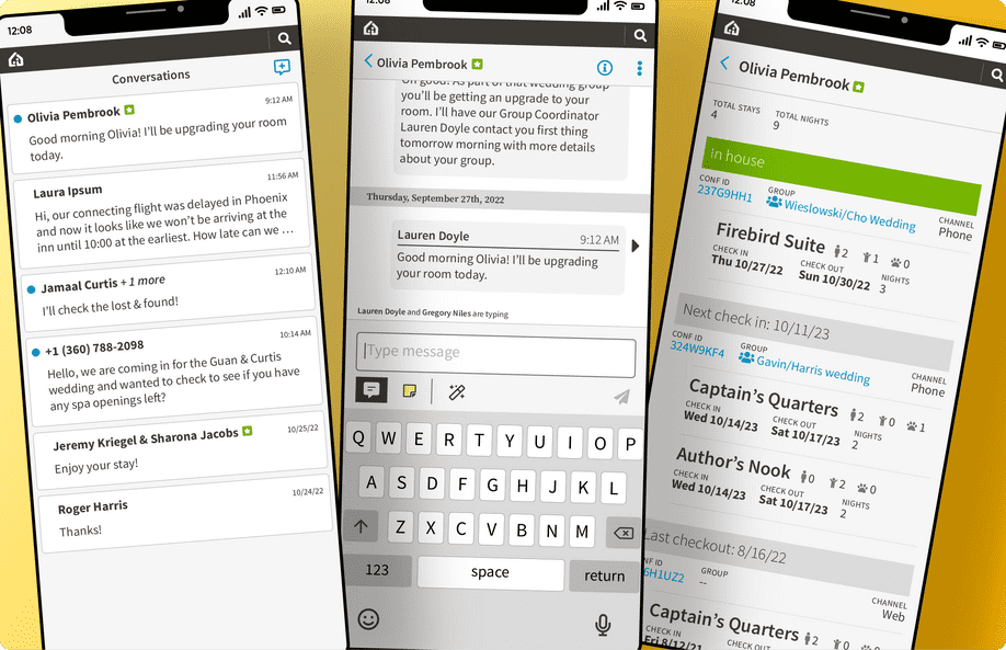 Three screenshots of ThinkMessenger in mobile view.  First screenshot shows all conversations.  Second screenshot shows an active conversation.  Third screenshot shows contextual informationa about the guest
