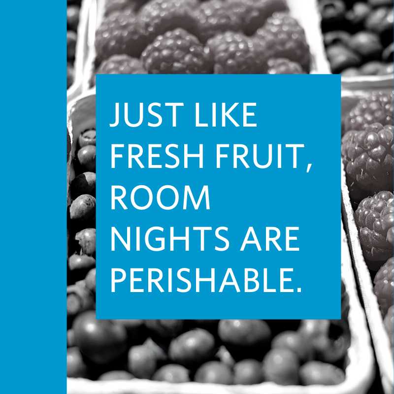 black and white image of berries with text block overlay reading just like fresh fruit room nights are perishable