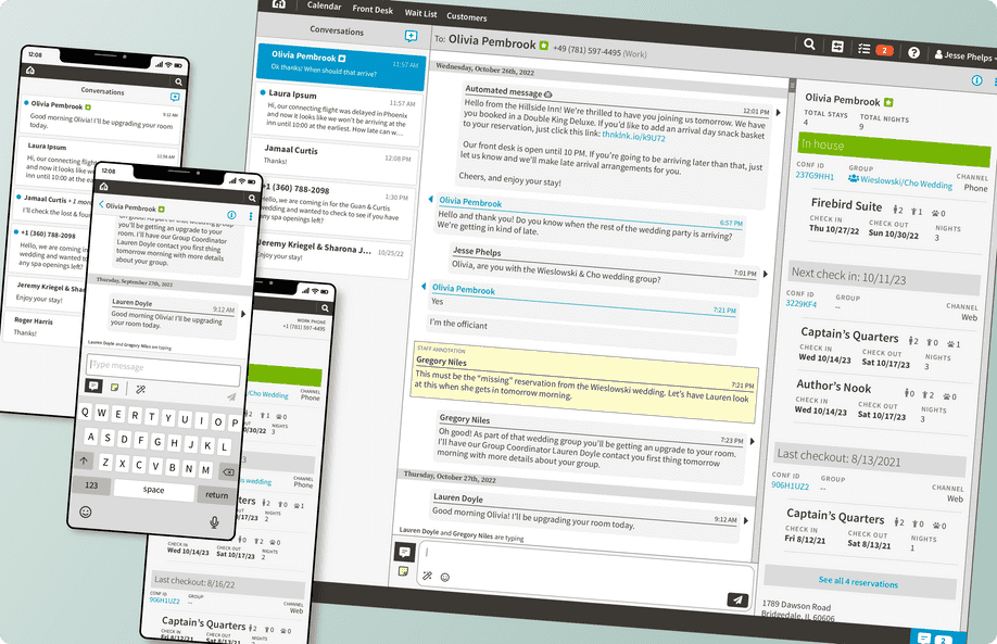 Multiple screenshots of ThinkMessenger in both mobile and desktop view