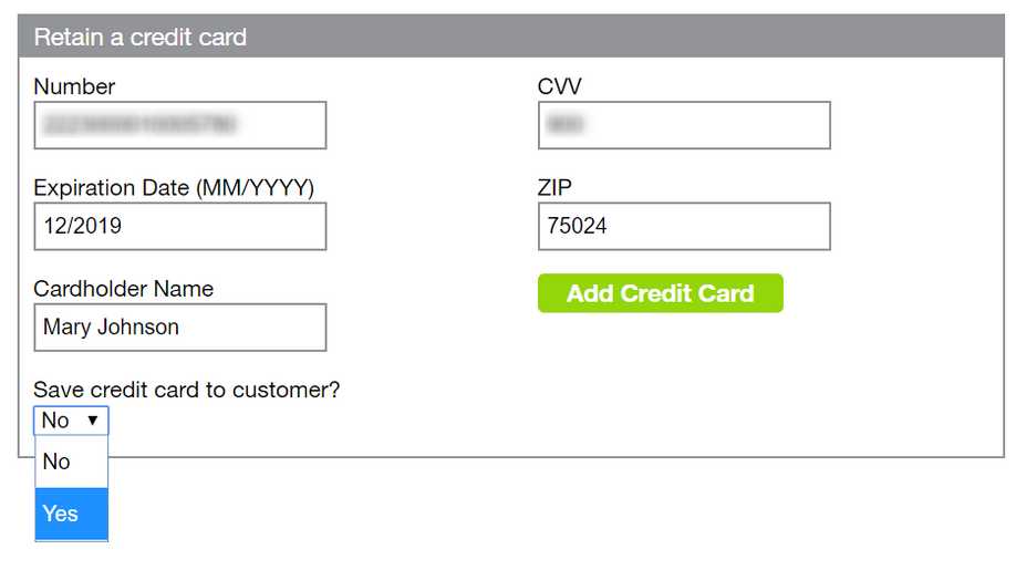ThinkReservations Retain a Card form including new drop-down to choose to save card to customer