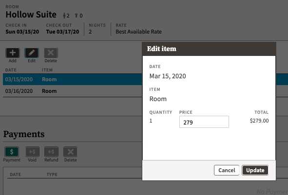 screenshot showing example pop-up modal for editing an item in a reservation